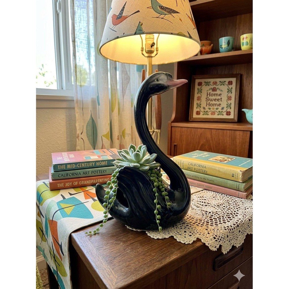 Vintage 1950s Maddux California Black Swan Ceramic Planter Vase MCM Retro Granny